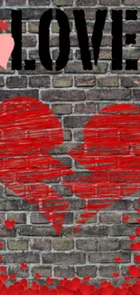 Red heart graffiti on a brick wall background.