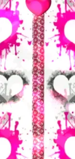 Vibrant heart graffiti wallpaper with pink and white design.