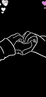 Minimalist wallpaper with outlined hands forming a heart on a black background.