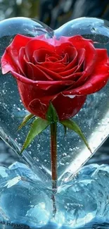 Red rose in heart-shaped ice sculpture.