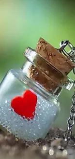 Heart in a bottle with cork and chain detail.