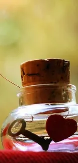 Heart in a glass jar with warm yellow bokeh background wallpaper.