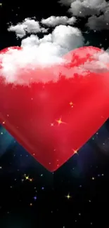 Red heart with clouds and stars on a dark background.