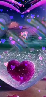 Crystal heart on a beach with pink and purple hues.