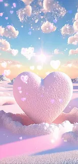 Heart-shaped snow sculpture under a pastel sky.