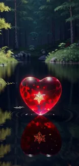 Red glowing heart in a serene forest lake.