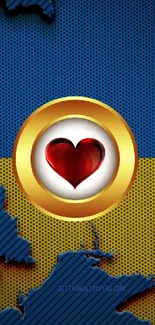 Red heart in golden emblem on blue and yellow wallpaper.