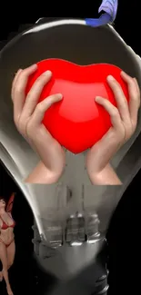 Hands holding red heart inside light bulb with fantasy elements.