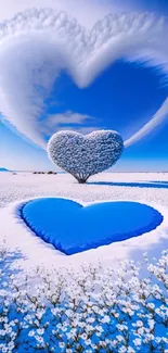 Heart-shaped cloud over flowery field under bright blue sky.