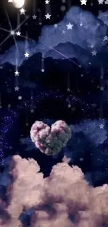 Heart-shaped cloud in a starlit night sky with moon and stars.