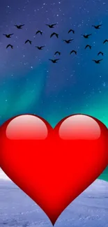 Red heart with Northern Lights and birds in the sky.