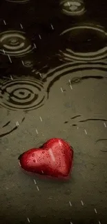 Heart-shaped object on wet reflective surface with raindrops.