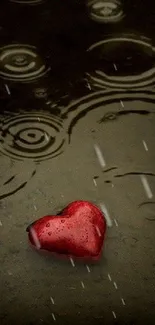 Heart-shaped stone in rainy reflection, creating a serene phone wallpaper.