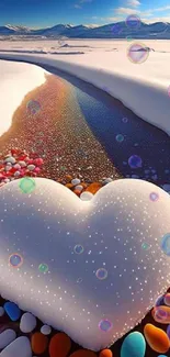 Snowy landscape with heart rock and colorful bubbles.