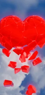 Heart-shaped red gem shattering in the sky with clouds.