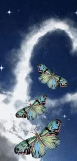 Butterflies flutter around heart-shaped cloud against a clear blue sky.