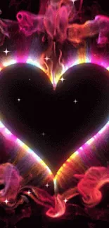 Vivid neon heart with colorful swirling smoke on dark background.