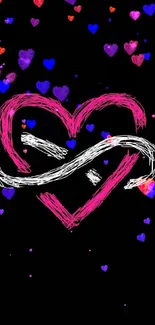 Pink heart with white infinity on black background wallpaper.