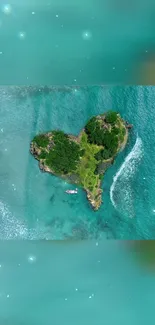 Aerial view of heart-shaped island in turquoise ocean.