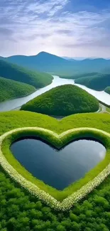 Heart-shaped green island surrounded by water under a blue sky.