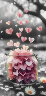 Jar of hearts with pink petals in a whimsical garden setting.