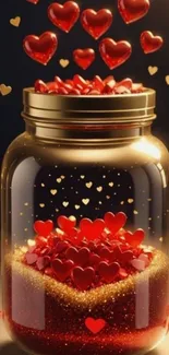 Jar filled with glowing red hearts in a golden light.
