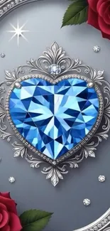Blue heart gemstone with roses in a silver frame.