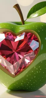A glossy green apple with a heart-shaped jewel inside.