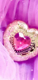 Heart-shaped jewel on lavender fabric wallpaper.