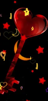 Heart-shaped key with red stars on black background.