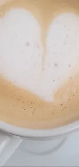 Close-up of latte with heart-shaped foam in a coffee cup.