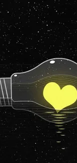 Mobile wallpaper with a light bulb and yellow heart on a starry black background.