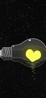 Heart inside lightbulb on a starry black background with a warm yellow glow.