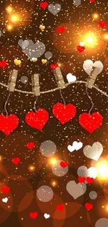 Vibrant mobile wallpaper with glowing red hearts and lights.