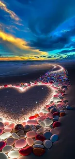 Luminous heart design on a sunset beach path with colorful pebbles.