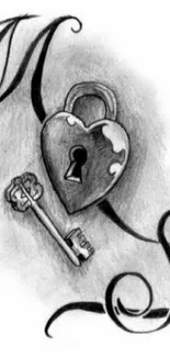 Monochrome heart lock with key artwork.