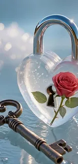 Heart-shaped lock with rose and key on water.