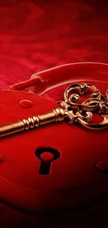 Red heart-shaped lock with ornate brass key on vibrant backdrop.