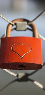 Red heart lock hanging on a chain fence, symbolizing love.