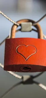 Red heart lock on a metal fence wallpaper.