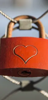 Red heart lock on wire fence wallpaper.