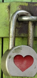 Heart-shaped padlock on green door wallpaper.