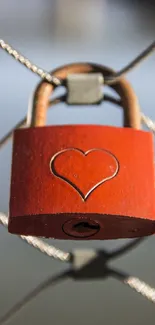 Red heart lock on a wire fence, symbolizing love.