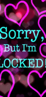 Vibrant pink heart lock screen wallpaper with teal text on black background.