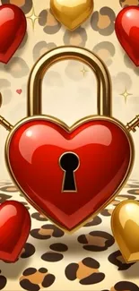 Heart lock with red and gold hearts on leopard pattern background.
