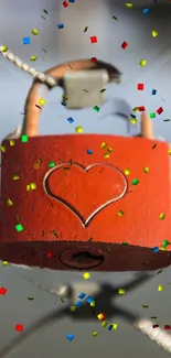 Red heart padlock with confetti on wires.