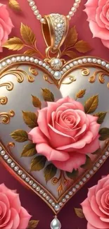 Heart-shaped locket with roses mobile wallpaper.