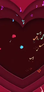 Heart-themed wallpaper with colorful music notes on a maroon background.