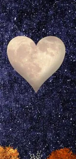 Heart-shaped moon in a starry night with autumn trees.