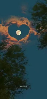 Heart-shaped cloud frames a full moon in a dark cyan sky with tree silhouettes.